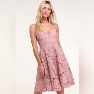 Lulus Nora Lee Dusty Rose Lace Overlay Knee Length Spaghetti Strap Dress- Medium